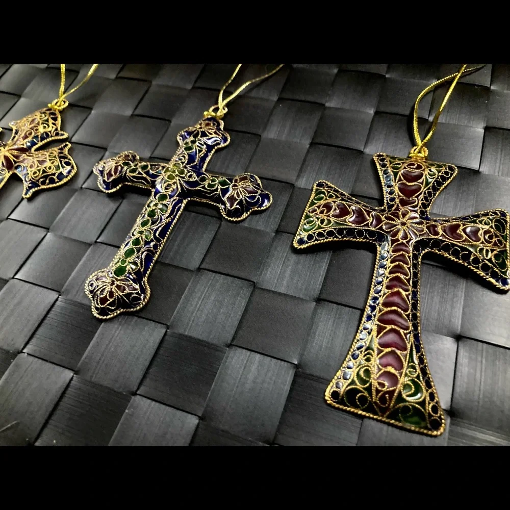 Vintage Plique a Jour CLOISONNE Enamel Stained Glass Floral Cross Ornaments